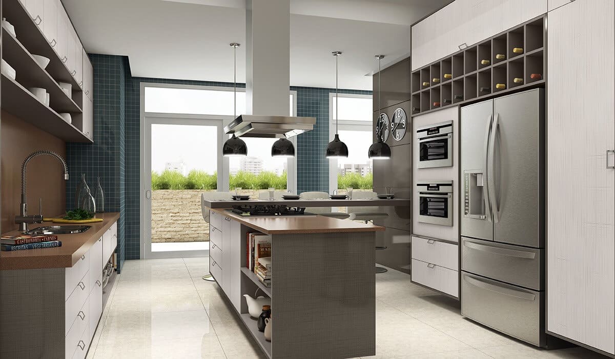 Cozinha planejada com torre e ilha