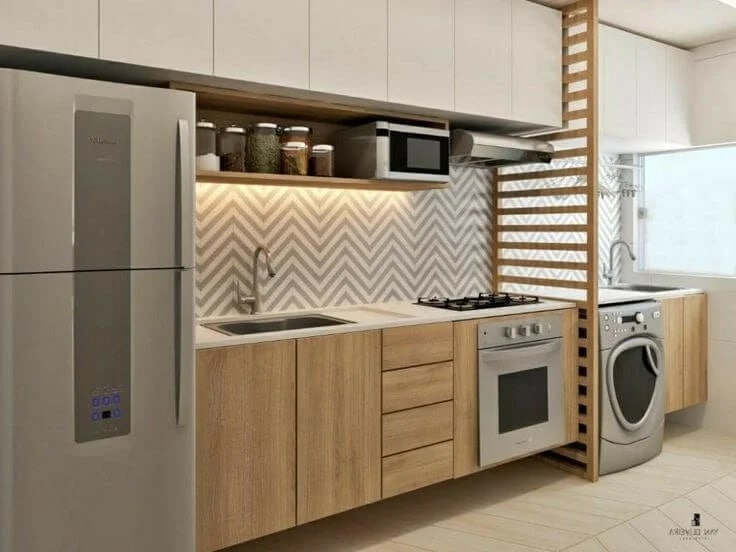 Cozinha Planejada de Apartamento Pequeno com Lavanderia